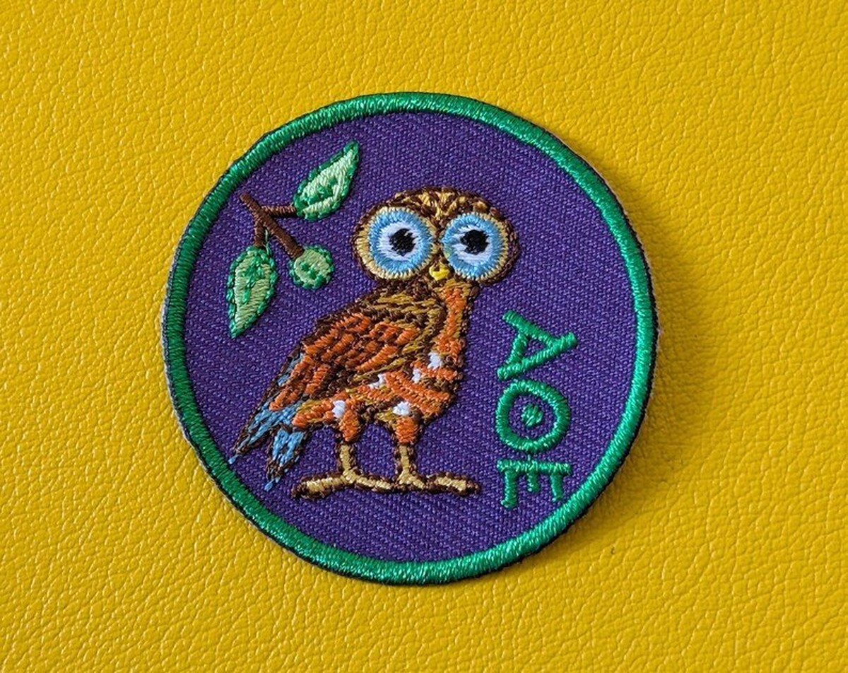 Unique Embroidered Owl Iron-on Patch Inspired by Ancient Greece